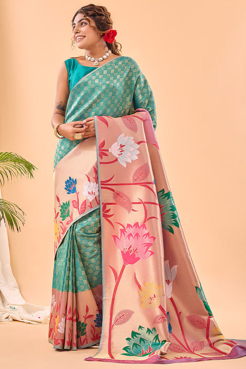 VastraLakshmi Pretty Firozi Paithani Silk Saree With Pleasant Blouse Piece