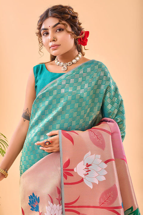 VastraLakshmi Pretty Firozi Paithani Silk Saree With Pleasant Blouse Piece