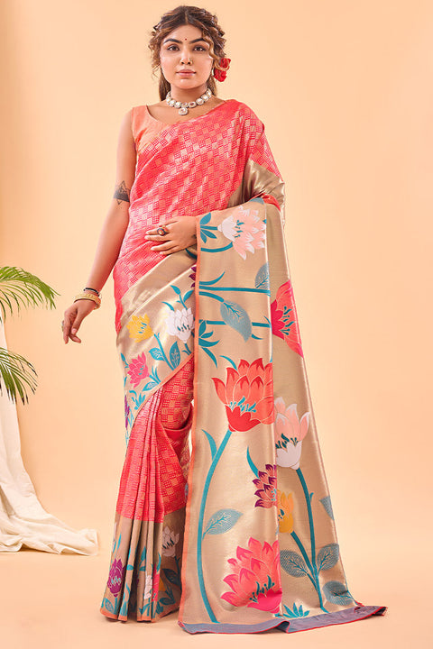 VastraLakshmi Snazzy Pink Paithani Silk Saree With Redolent Blouse Piece