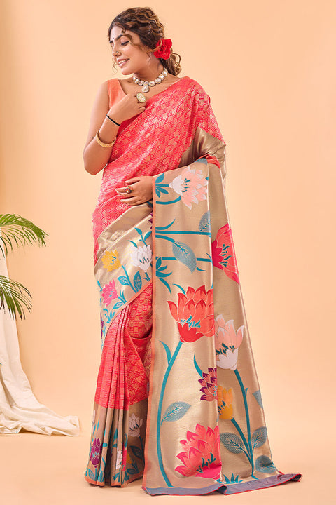 VastraLakshmi Snazzy Pink Paithani Silk Saree With Redolent Blouse Piece