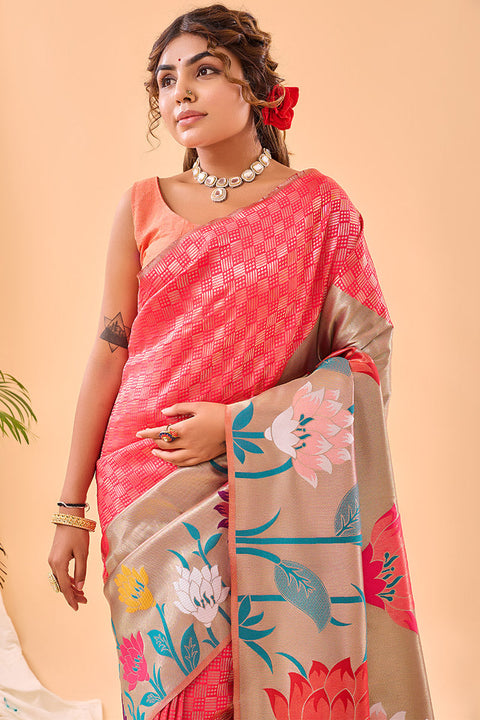 VastraLakshmi Snazzy Pink Paithani Silk Saree With Redolent Blouse Piece