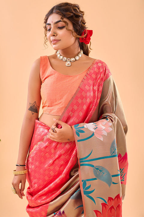 VastraLakshmi Snazzy Pink Paithani Silk Saree With Redolent Blouse Piece