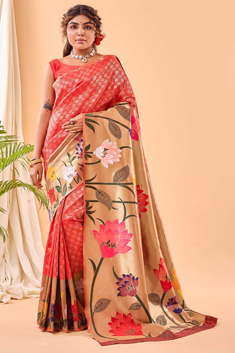 VastraLakshmi Efflorescence Red Paithani Silk Saree With Demesne Blouse Piece