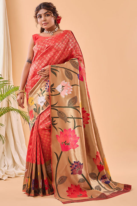 VastraLakshmi Efflorescence Red Paithani Silk Saree With Demesne Blouse Piece