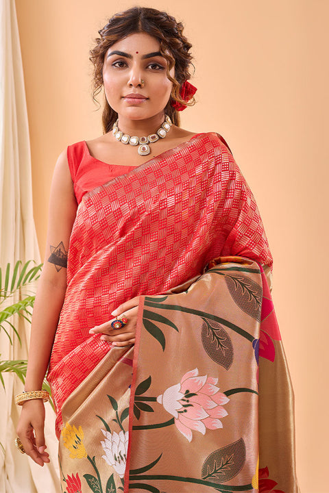 VastraLakshmi Efflorescence Red Paithani Silk Saree With Demesne Blouse Piece