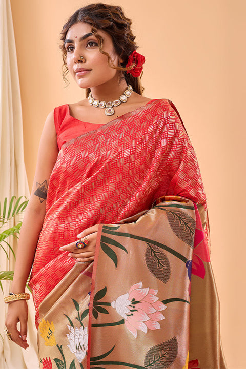 VastraLakshmi Efflorescence Red Paithani Silk Saree With Demesne Blouse Piece