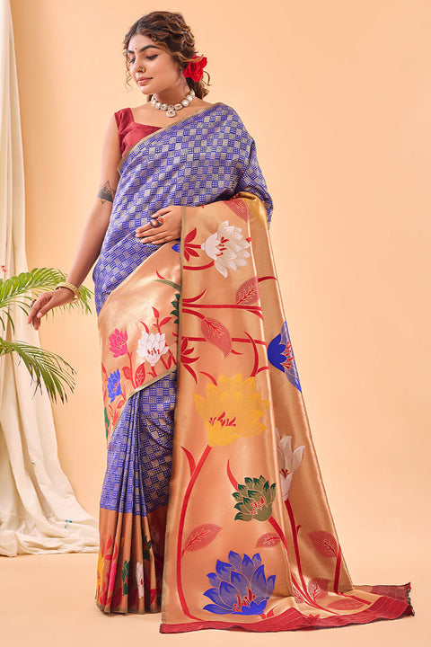 VastraLakshmi Traditional Royal Blue Paithani Silk Saree With Ephemeral Blouse Piece