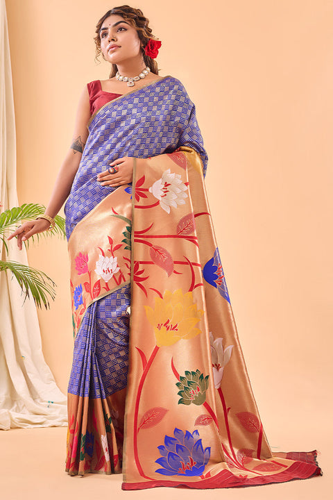 VastraLakshmi Traditional Royal Blue Paithani Silk Saree With Ephemeral Blouse Piece