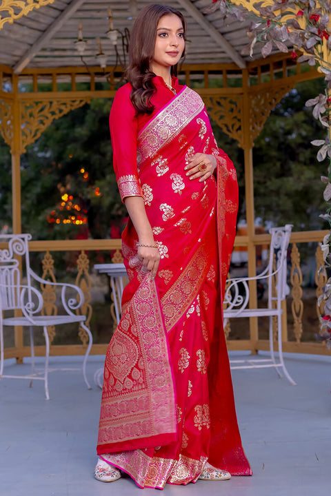 VastraLakshmi Enchanting Dark Pink Soft Banarasi Silk Saree With Imaginative Blouse Piece