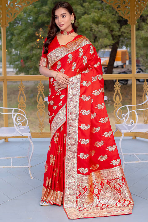 VastraLakshmi Enchanting Red Soft Banarasi Silk Saree With Imaginative Blouse Piece