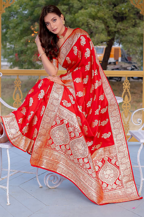 VastraLakshmi Enchanting Red Soft Banarasi Silk Saree With Imaginative Blouse Piece