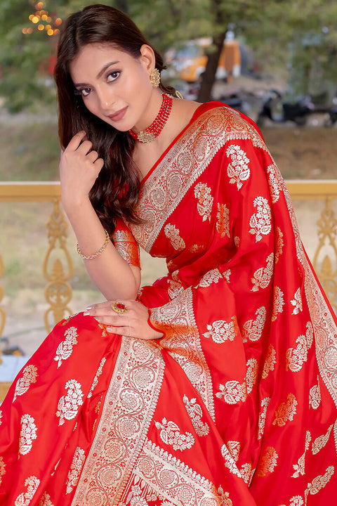 VastraLakshmi Enchanting Red Soft Banarasi Silk Saree With Imaginative Blouse Piece