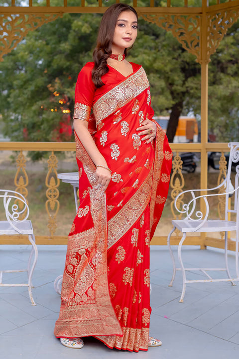 VastraLakshmi Enchanting Red Soft Banarasi Silk Saree With Imaginative Blouse Piece