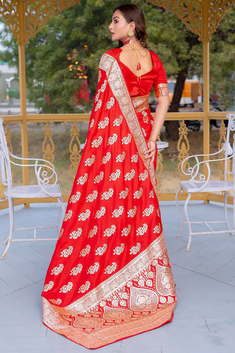 VastraLakshmi Enchanting Red Soft Banarasi Silk Saree With Imaginative Blouse Piece