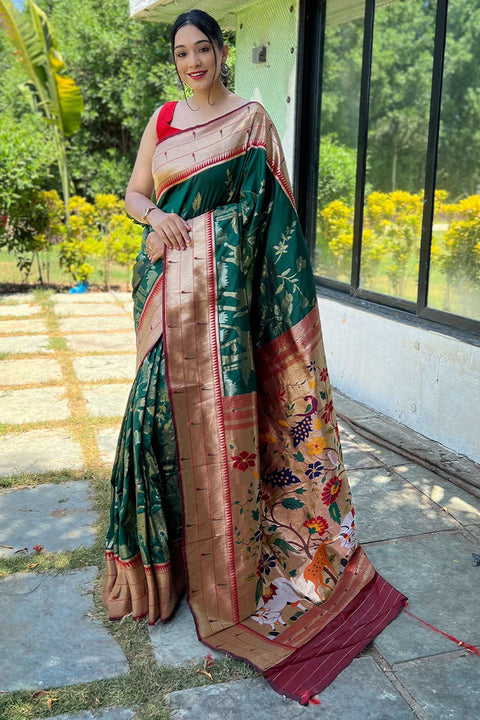 VastraLakshmi Incredible Dark Green Paithani Silk Saree With Delectable  Blouse Piece