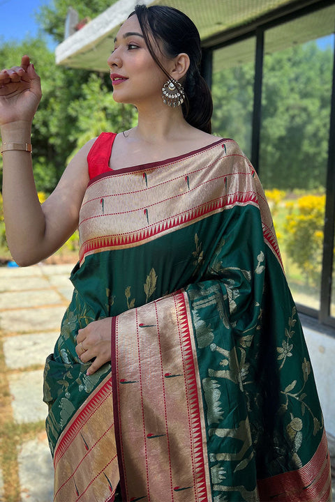 VastraLakshmi Incredible Dark Green Paithani Silk Saree With Delectable  Blouse Piece