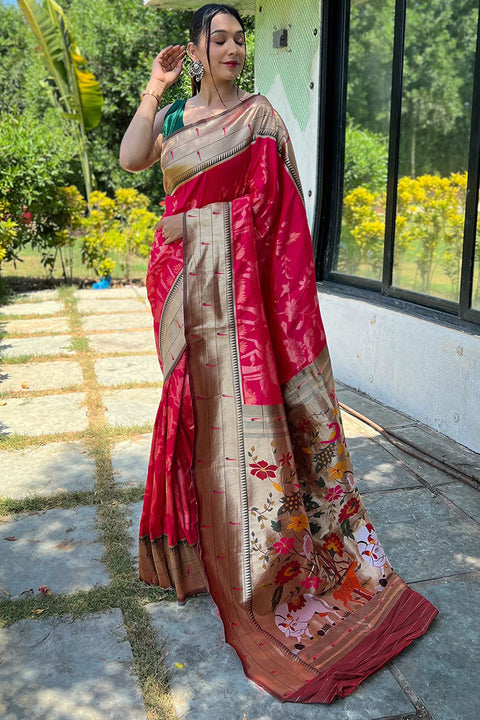 VastraLakshmi Petrichor Dark Pink Paithani Silk Saree With Ebullience Blouse Piece