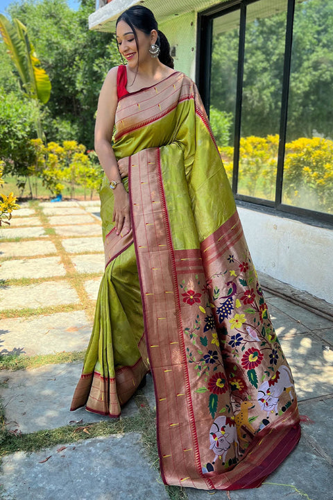 VastraLakshmi Groovy Mehndi Paithani Silk Saree With Adorable Blouse Piece