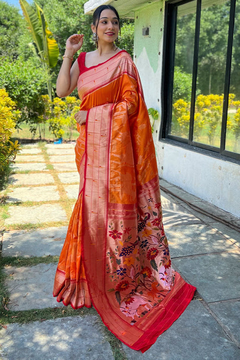 VastraLakshmi Deserving Orange Paithani Silk Saree With Skinny Blouse Piece