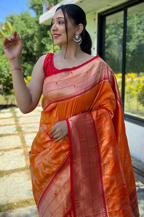 VastraLakshmi Deserving Orange Paithani Silk Saree With Skinny Blouse Piece