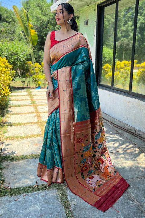 VastraLakshmi Intricate Rama Paithani Silk Saree With Appealing Blouse Piece