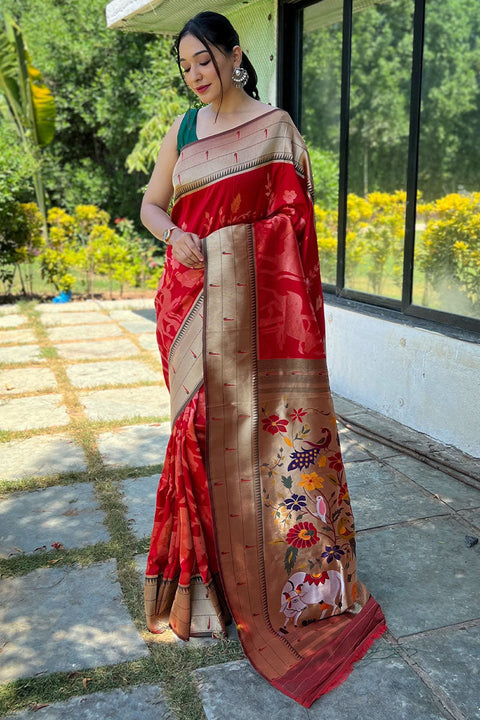 VastraLakshmi Prominent Red Paithani Silk Saree With Entrancing Blouse Piece