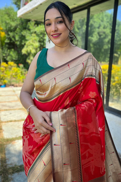 VastraLakshmi Prominent Red Paithani Silk Saree With Entrancing Blouse Piece