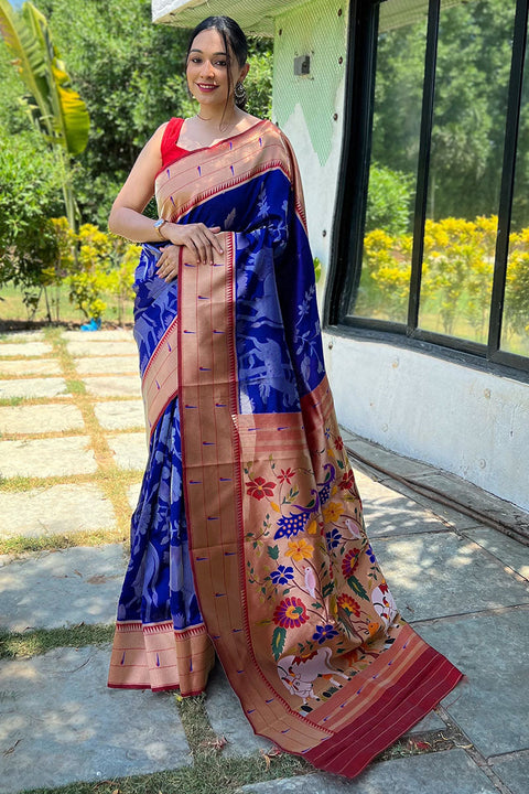 VastraLakshmi Fancifull Royal Blue Paithani Silk Saree With Ravishing Blouse Piece