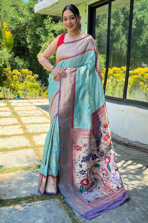 VastraLakshmi Demanding Sky Paithani Silk Saree With Outstanding Blouse Piece