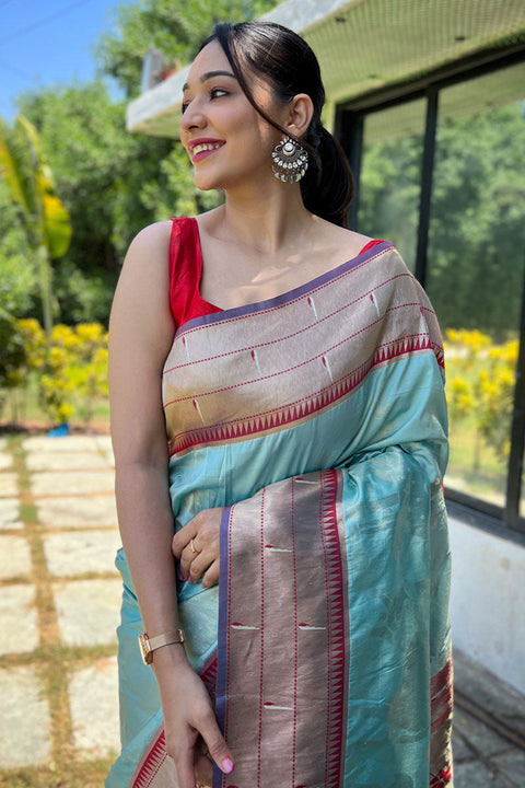 VastraLakshmi Demanding Sky Paithani Silk Saree With Outstanding Blouse Piece