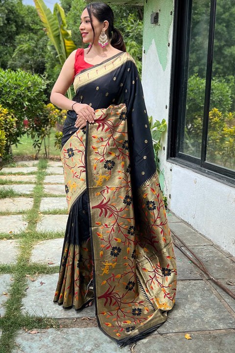 VastraLakshmi Pretty Black Paithani Silk Saree With Sizzling Blouse Piece