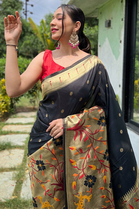 VastraLakshmi Pretty Black Paithani Silk Saree With Sizzling Blouse Piece