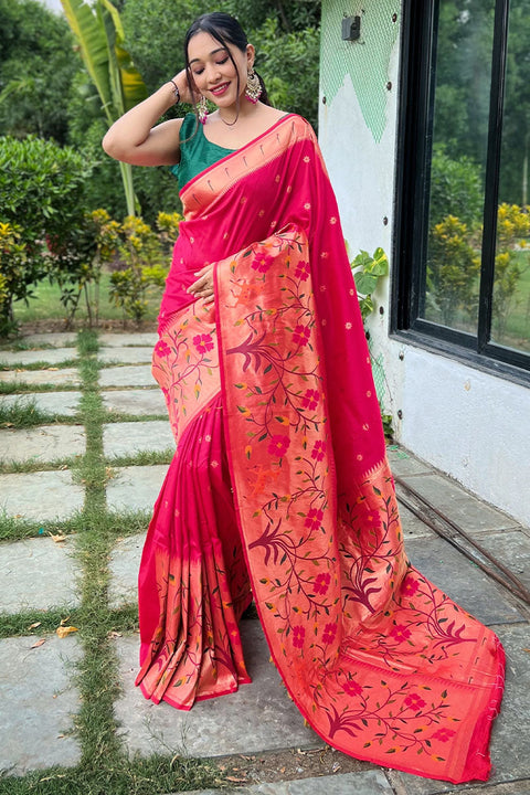 VastraLakshmi Engrossing Dark Pink Paithani Silk Saree With Blissful Blouse Piece