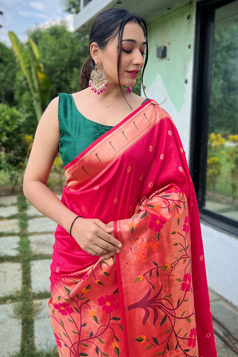 VastraLakshmi Engrossing Dark Pink Paithani Silk Saree With Blissful Blouse Piece