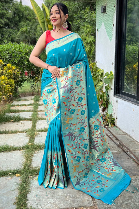 VastraLakshmi Delightful Firozi Paithani Silk Saree With Mesmeric Blouse Piece