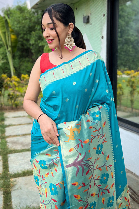 VastraLakshmi Delightful Firozi Paithani Silk Saree With Mesmeric Blouse Piece