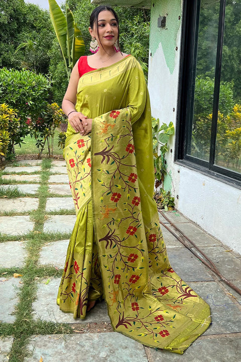 VastraLakshmi Ailurophile Mehndi Paithani Silk Saree With Effervescent Blouse Piece