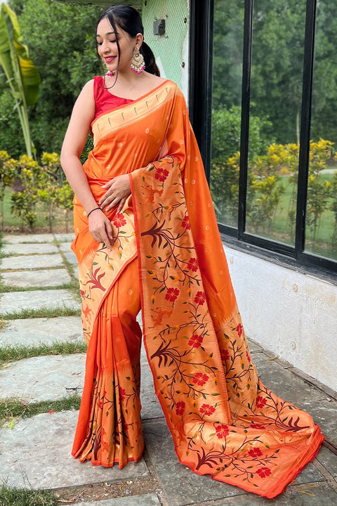 VastraLakshmi Gossamer Orange Paithani Silk Saree With Ratatouille Blouse Piece