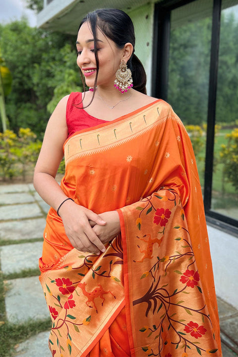 VastraLakshmi Gossamer Orange Paithani Silk Saree With Ratatouille Blouse Piece