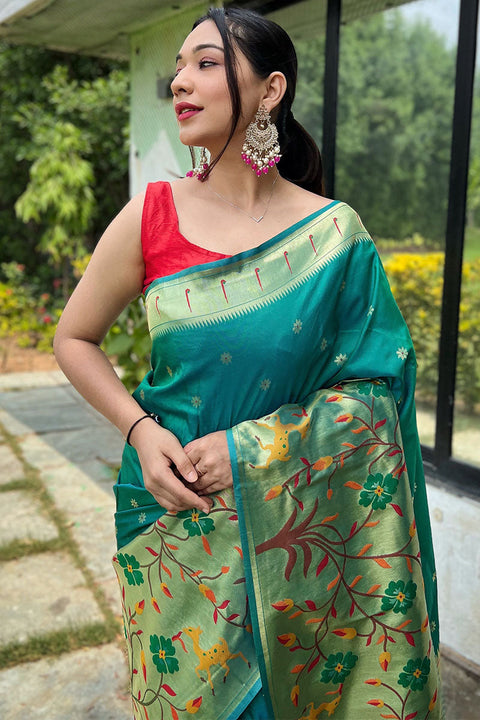 VastraLakshmi Rhapsody Rama Paithani Silk Saree With Resplendent Blouse Piece