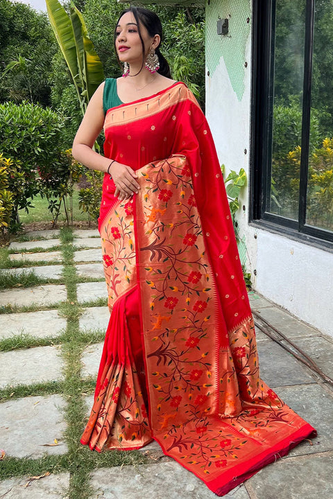 VastraLakshmi Luxuriant Red Paithani Silk Saree With Confounding Blouse Piece