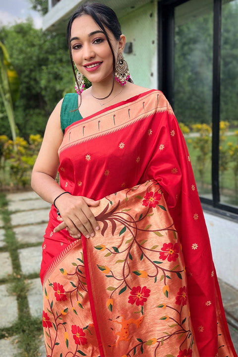 VastraLakshmi Luxuriant Red Paithani Silk Saree With Confounding Blouse Piece