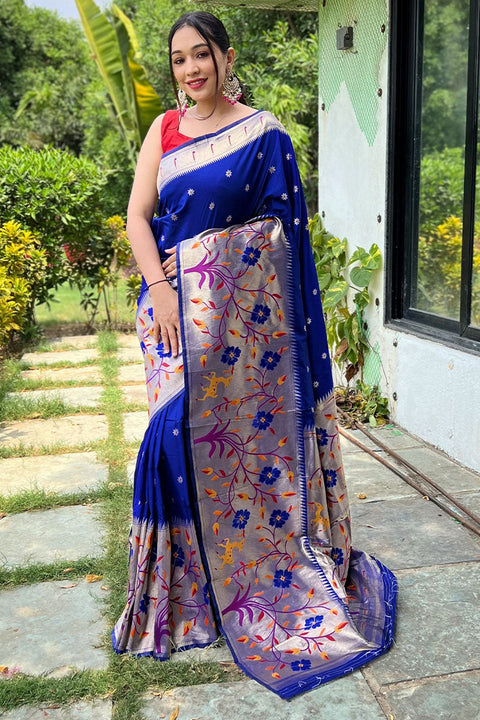 VastraLakshmi Panoply Royal Blue Paithani Silk Saree With Embrocation Blouse Piece