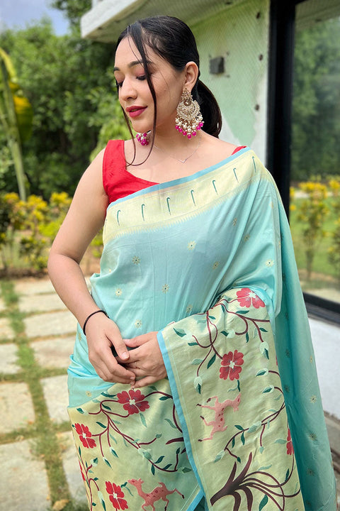 VastraLakshmi Divine Sky Paithani Silk Saree With Admirable Blouse Piece