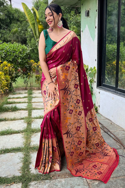 VastraLakshmi Blissful Wine Paithani Silk Saree With Arresting Blouse Piece