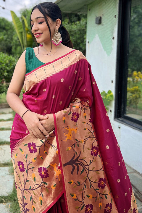 VastraLakshmi Blissful Wine Paithani Silk Saree With Arresting Blouse Piece