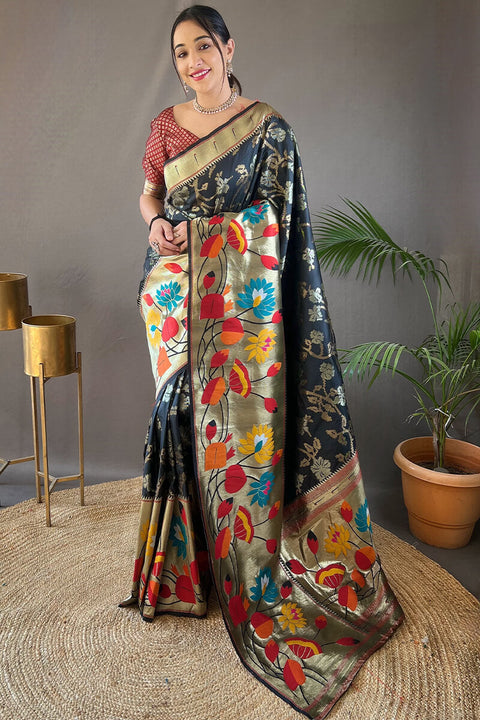 VastraLakshmi Invaluable Black Paithani Silk Saree With Designer Blouse Piece