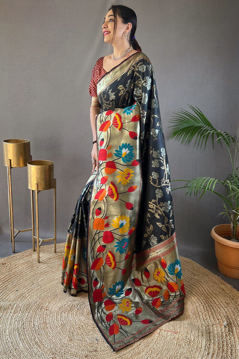 VastraLakshmi Invaluable Black Paithani Silk Saree With Designer Blouse Piece