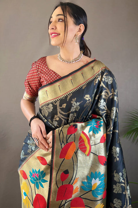 VastraLakshmi Invaluable Black Paithani Silk Saree With Designer Blouse Piece