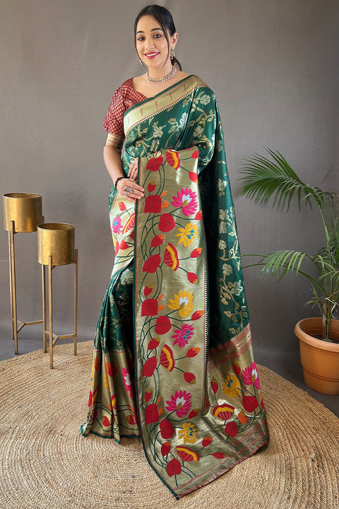 VastraLakshmi Energetic Dark Green Paithani Silk Saree With Deserving Blouse Piece